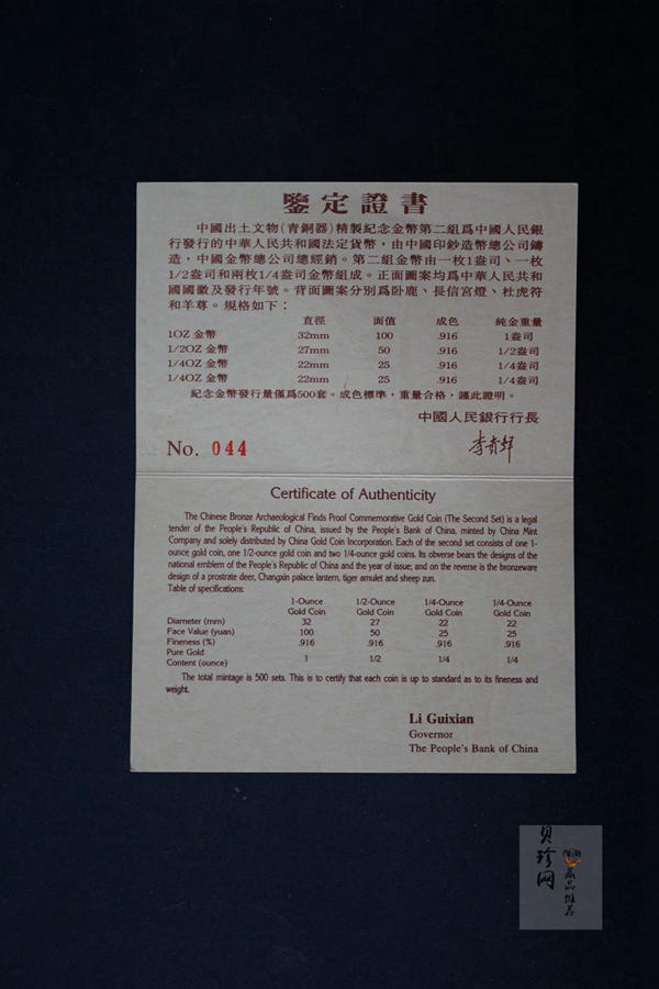 【929100】1992年出土文物（青铜器)（第2组）精制金币四枚一套