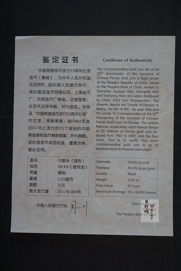 【079130】中国熊猫金币发行25周年纪念金币套装