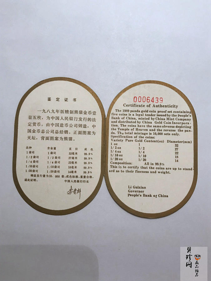 【899020】1989版熊猫精制金币五枚一套