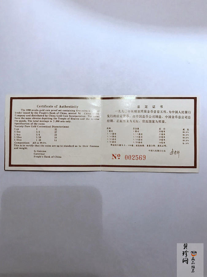 【909020】1990版熊猫精制金币五枚一套