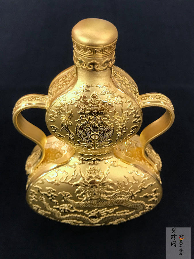【009440】乾隆青花海水红彩龙纹八吉祥如意耳500克金葫芦瓶