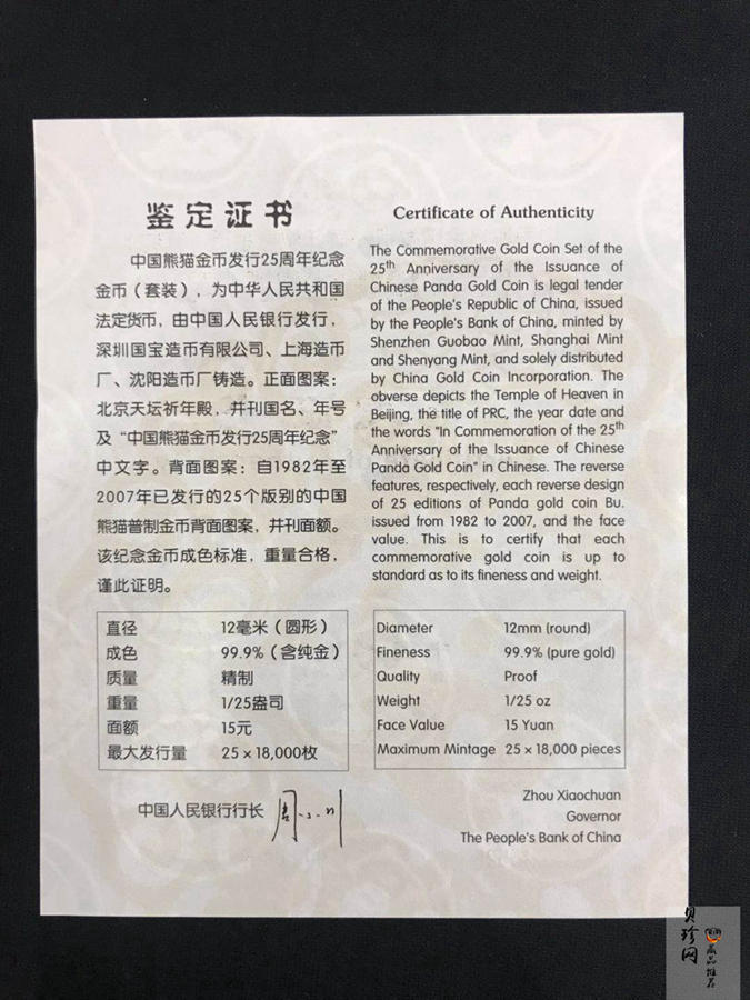 【079050】2007年中国熊猫金币发行25周年1/25盎司精制金币25枚一套