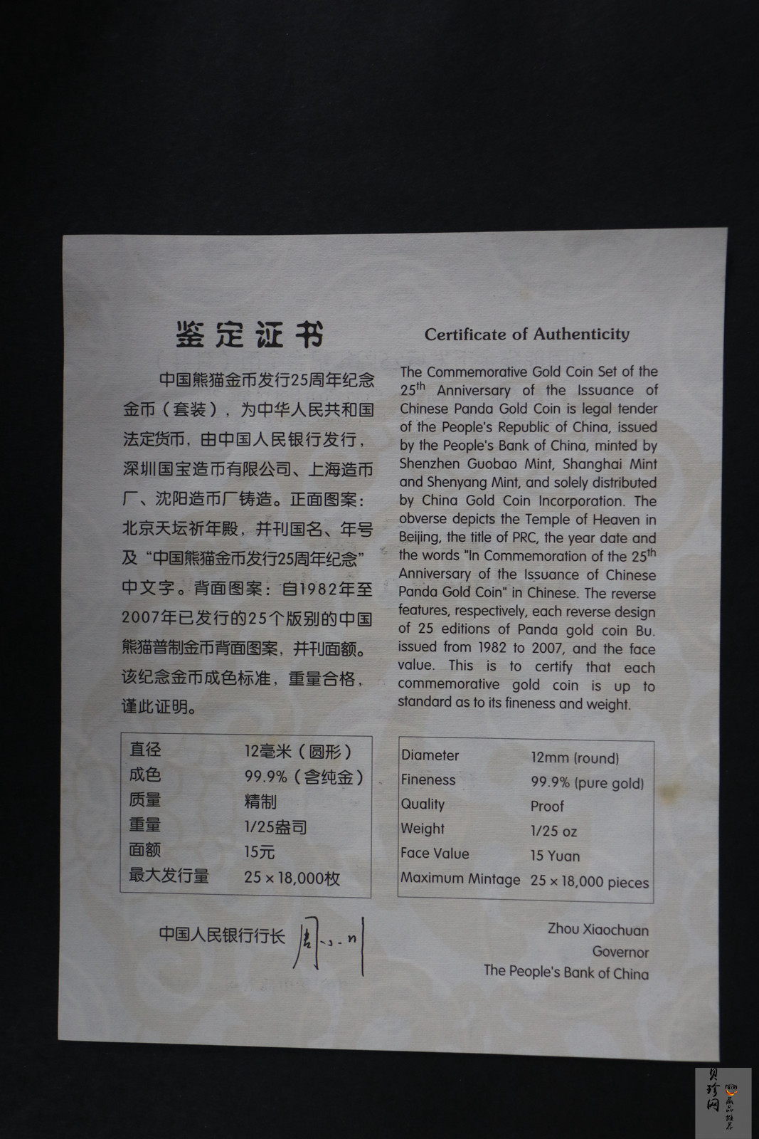 【079050】2007年中国熊猫金币发行25周年1/25盎司精制金币25枚一套