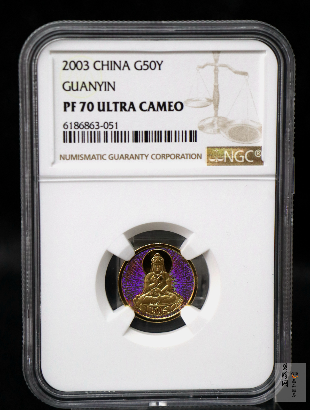 【031001】2003年观音纪念币-观音像1/10盎司圆形幻彩精制金币