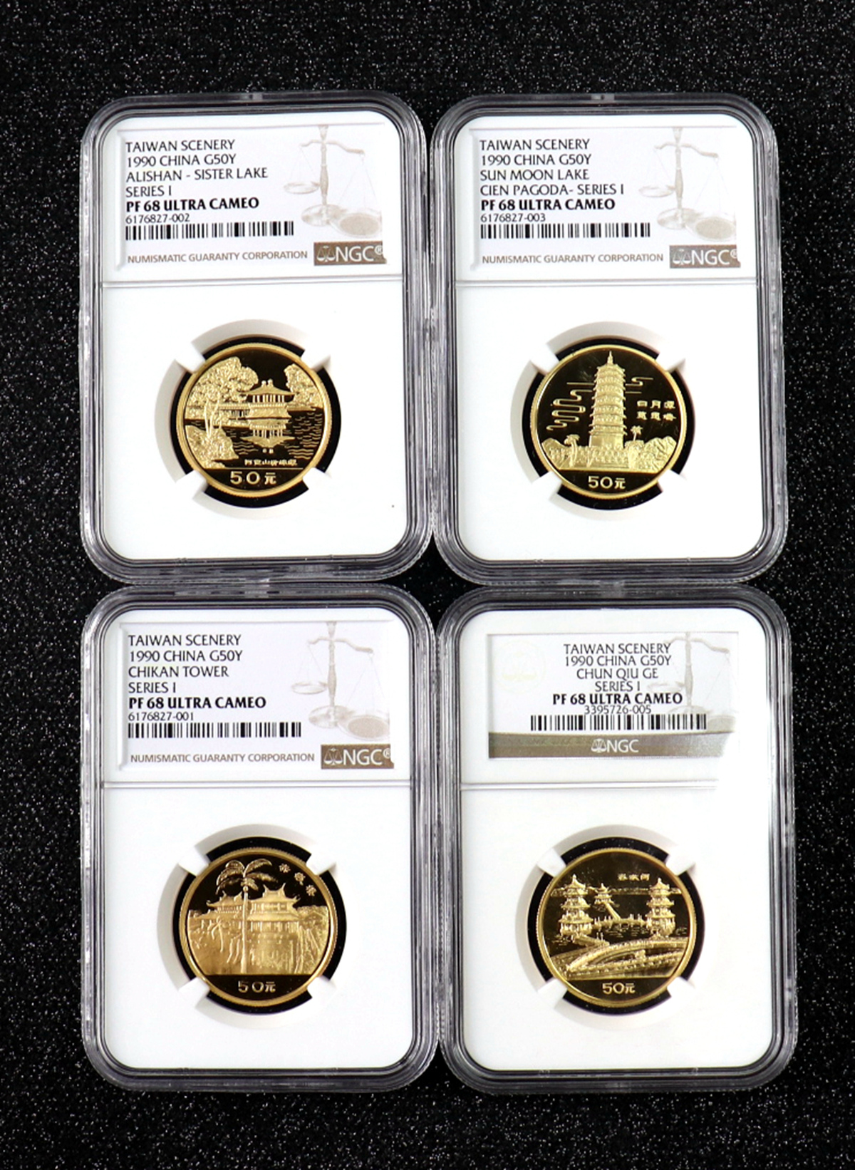 【909160】1990年台湾风光金银纪念币（第1组）1/2盎司精制金币四枚一套