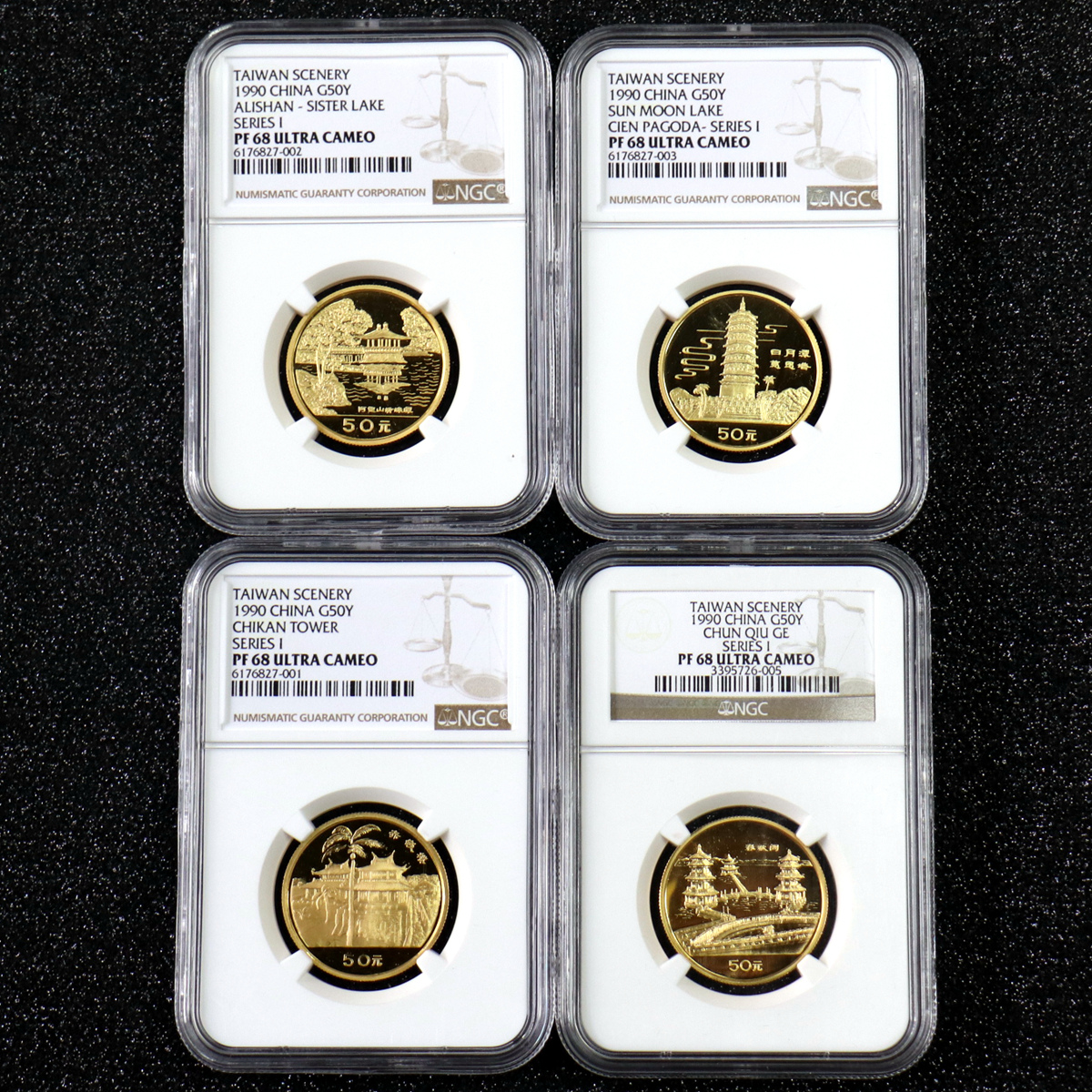 【909160】1990年台湾风光金银纪念币（第1组）1/2盎司精制金币四枚一套