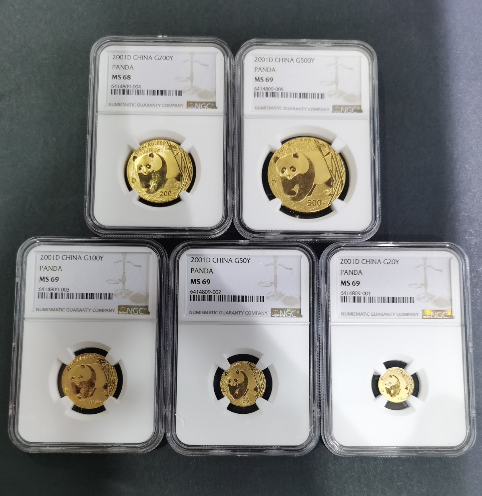 【019080】2001年熊猫普制金币五枚一套