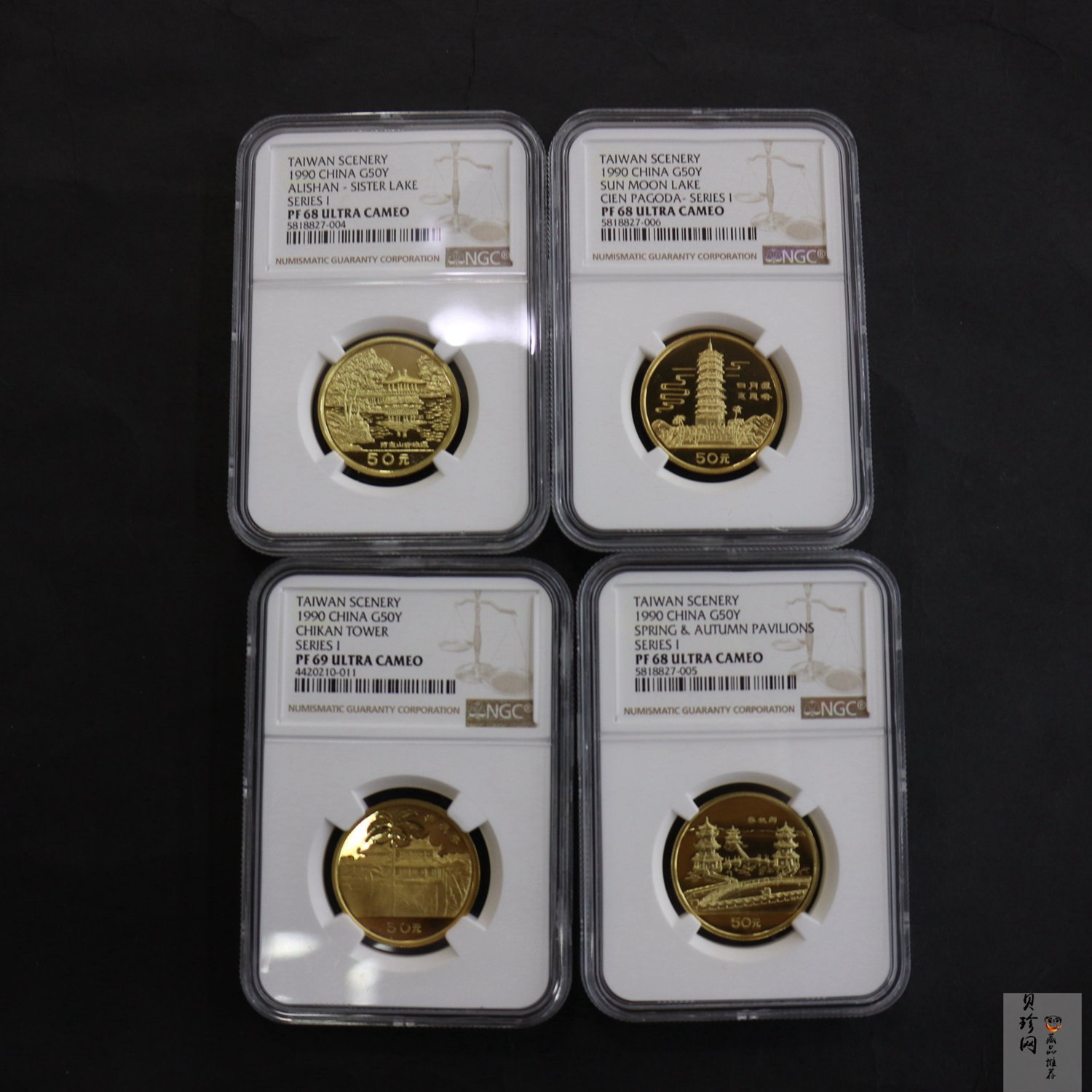 【909160】1990年台湾风光金银纪念币（第1组）1/2盎司精制金币四枚一套