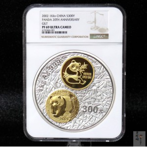 【020201】2002年中国熊猫金币发行20周年银铂纪念币1公斤镶金银币