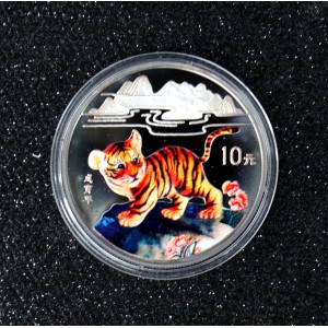 【980210】1998中国戊寅（虎）年银纪念币-小老虎1盎司圆形彩色精制银币