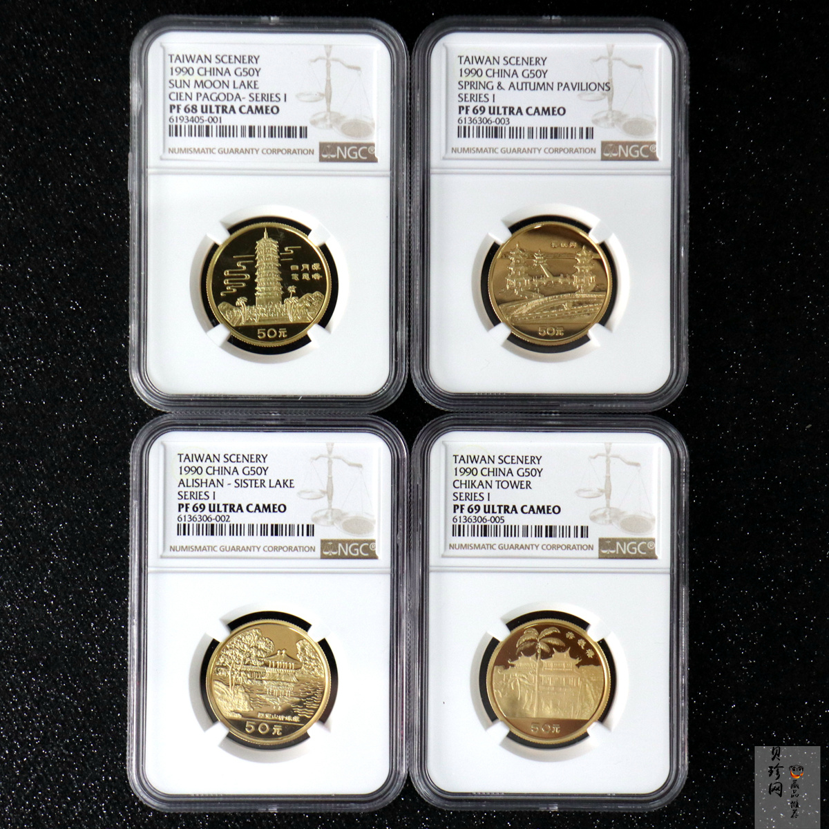 【909160】1990年台湾风光金银纪念币（第1组）1/2盎司精制金币四枚一套