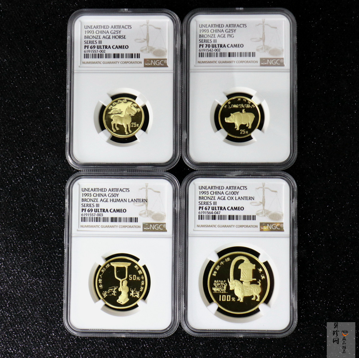 【939120】1993年中国出土文物（青铜器）金银纪念币（第3组）精制金币四枚一套