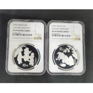 【949150】1994年中国古代名画婴戏图-夏景戏婴图.秋景戏婴图1盎司精致银币两枚一套