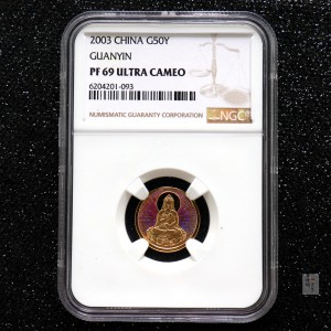 【031001】2003年观音纪念币-观音像1/10盎司圆形幻彩精制金币