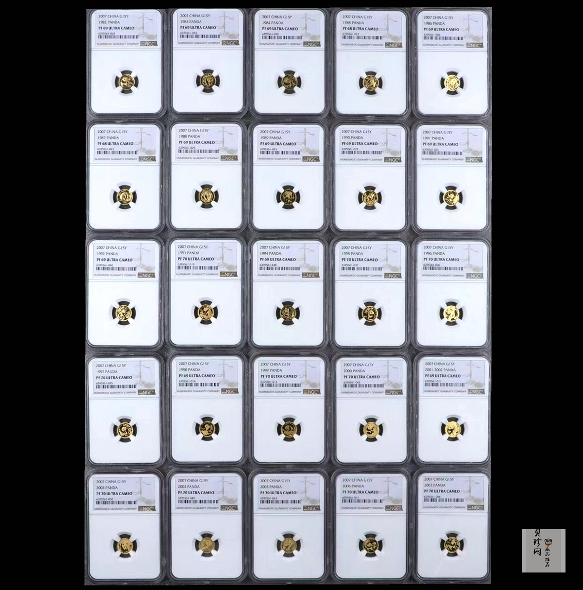 【079050】2007年中国熊猫金币发行25周年1/25盎司精制金币25枚一套